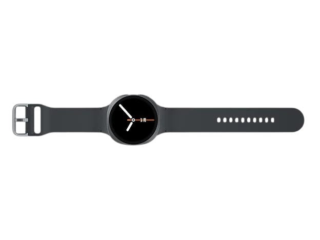 OBtech Samsung Galaxy Watch8 44mm smartwatch in black with a silicone strap and digital watch face on a black background