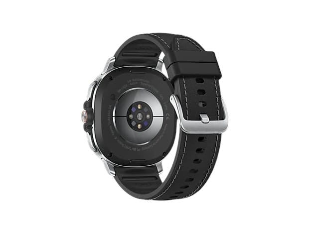 OBtech Samsung Galaxy Watch8 Classic 46mm showing the stainless steel case back, heart rate sensor, and black strap.