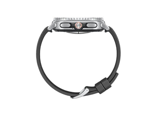 Side view of the OBtech Samsung Galaxy Watch8 Classic 46mm with stainless steel case, rotating bezel, and black strap.