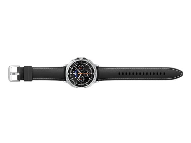 OBtech Samsung Galaxy Watch8 Classic 46mm with a stainless steel case, rotating bezel, and black leather strap.