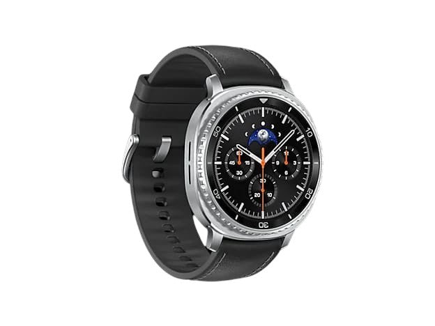 OBtech Samsung Galaxy Watch8 Classic 46mm with a stainless steel case, rotating bezel, and black leather strap.