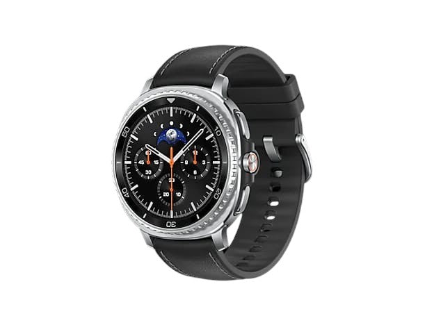 OBtech Samsung Galaxy Watch8 Classic 46mm with stainless steel case, rotating bezel, and black leather strap.