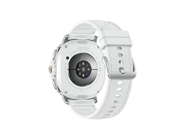 OBtech Samsung Galaxy Watch8 Classic 46mm showing the white strap and stainless steel sensor back on black background
