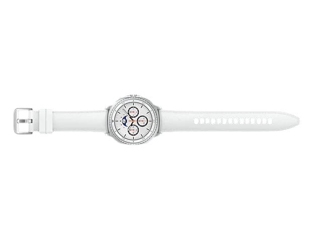 OBtech Samsung Galaxy Watch8 Classic 46mm with a white leather strap and stainless steel case on a black background.