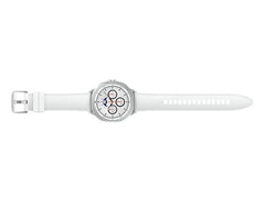 OBtech Samsung Galaxy Watch8 Classic 46mm with a white leather strap and stainless steel case on a black background.