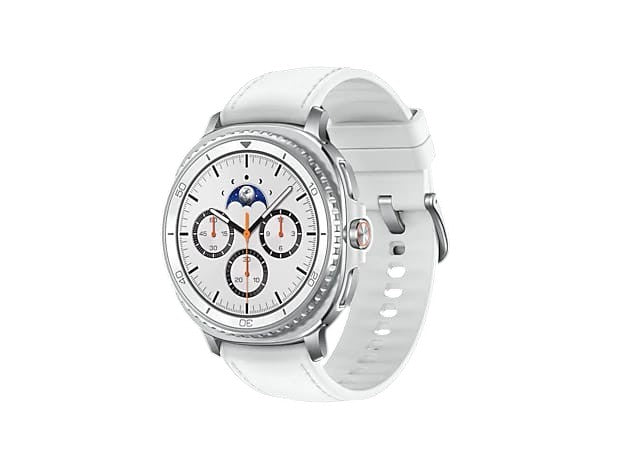 OBtech Samsung Galaxy Watch8 Classic 46mm smartwatch with a white silicone strap and stainless steel rotating bezel.