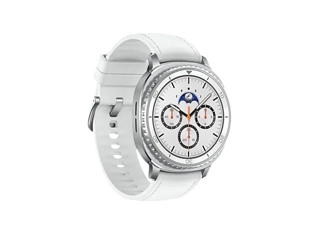 OBtech Samsung Galaxy Watch8 Classic 46mm with a white silicone strap, stainless steel body, and rotating bezel.