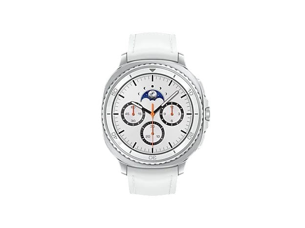 OBtech Samsung Galaxy Watch8 Classic 46mm in white with stainless steel body and rotating bezel on black background