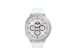 OBtech Samsung Galaxy Watch8 Classic 46mm in white with stainless steel body and rotating bezel on black background