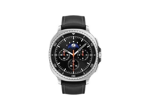 OBtech Samsung Galaxy Watch8 Classic 46mm with stainless steel body, rotating bezel, and black leather strap.