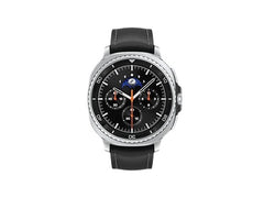 OBtech Samsung Galaxy Watch8 Classic 46mm with stainless steel body, rotating bezel, and black leather strap.