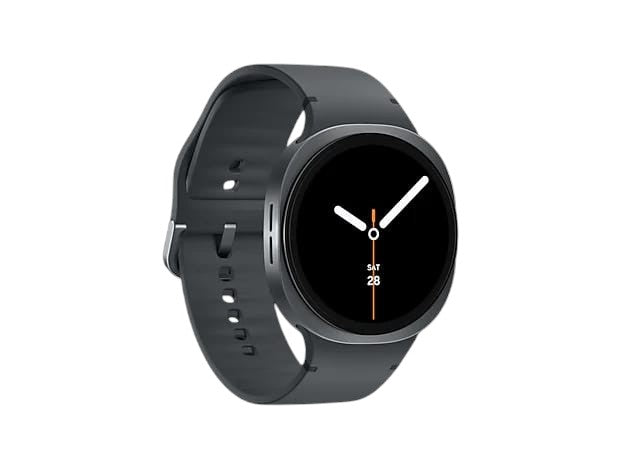 OBtech Samsung Galaxy Watch8 44mm smartwatch in dark grey with a vibrant Super AMOLED display and silicone strap.
