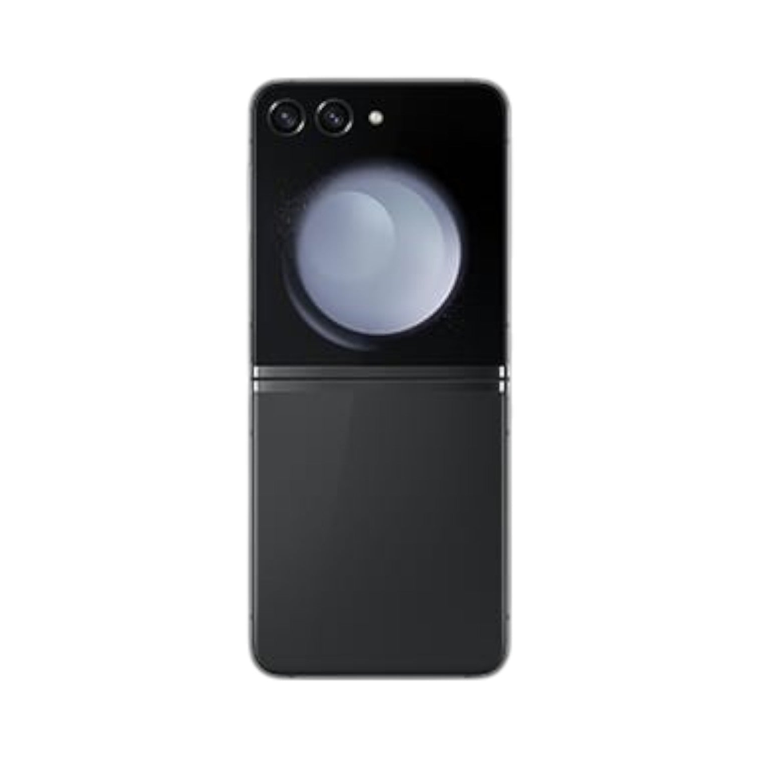 OBtech Samsung Galaxy Z Flip5 in black showing the dual camera system and the large 3.4-inch Flex Window cover display.