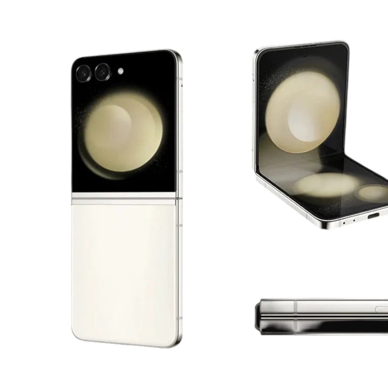 OBtech Samsung Galaxy Z Flip5 foldable smartphone shown in closed, open, and side profile views in cream and black.