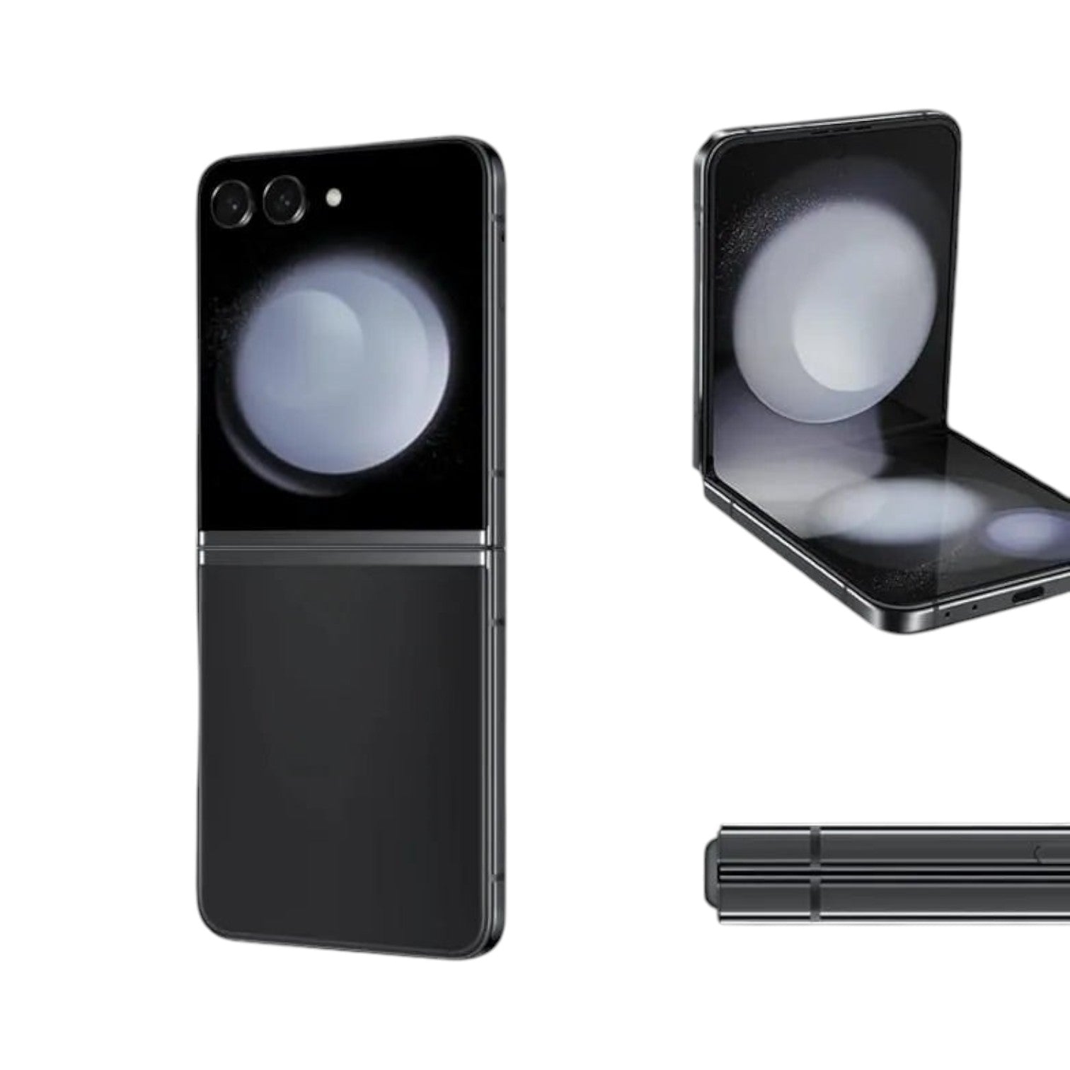 OBtech Samsung Galaxy Z Flip5 foldable smartphone shown in closed, open, and side profile views in black.