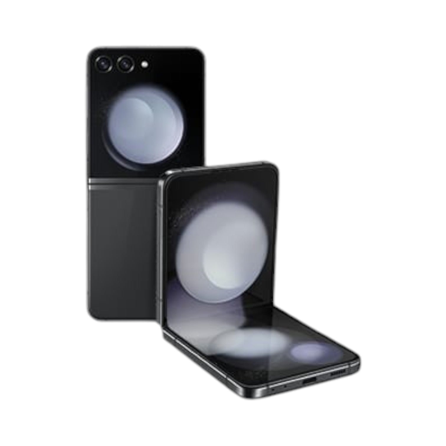 OBtech Samsung Galaxy Z Flip5 foldable smartphone shown in both closed and partially open positions.