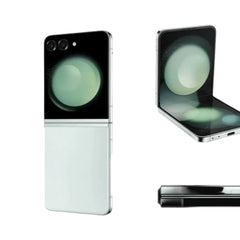 OBtech Samsung Galaxy Z Flip5 foldable smartphone shown closed, partially open, and from the side profile.
