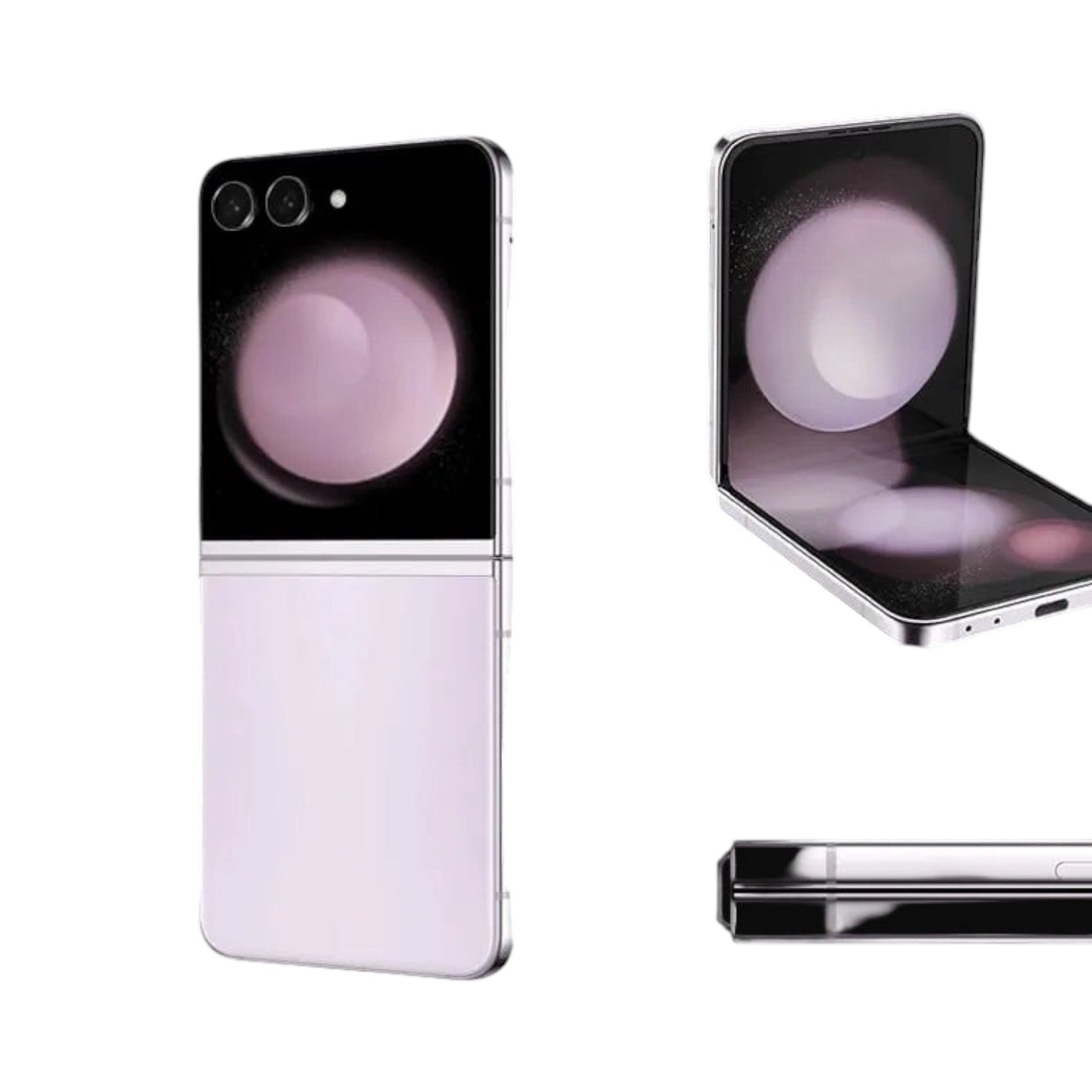OBtech Samsung Galaxy Z Flip5 shown in closed, partially folded, and side profiles in a light lavender finish.
