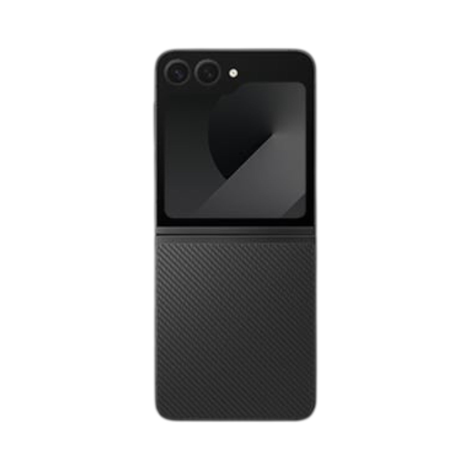 OBtech Samsung Galaxy Z Flip6 foldable smartphone in black with a textured carbon fiber-style back and FlexWindow display.