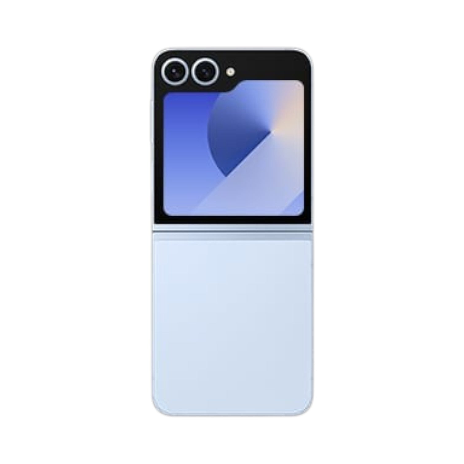 OBtech Samsung Galaxy Z Flip6 foldable smartphone in light blue with a 3.4-inch FlexWindow cover display.
