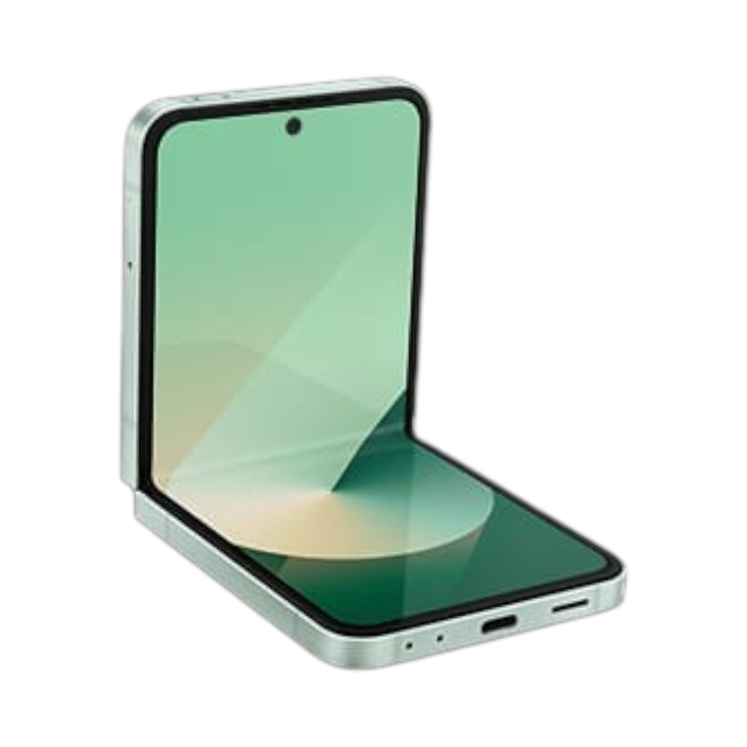 OBtech Samsung Galaxy Z Flip6 foldable smartphone in light green, shown partially open with vibrant display.