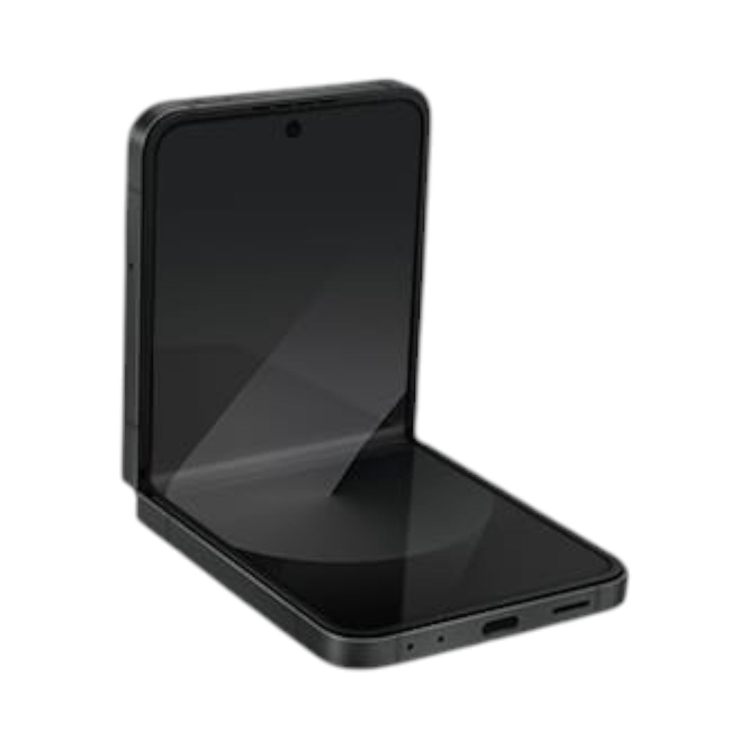 OBtech Samsung Galaxy Z Flip6 foldable smartphone in black, shown partially open to reveal the main display.