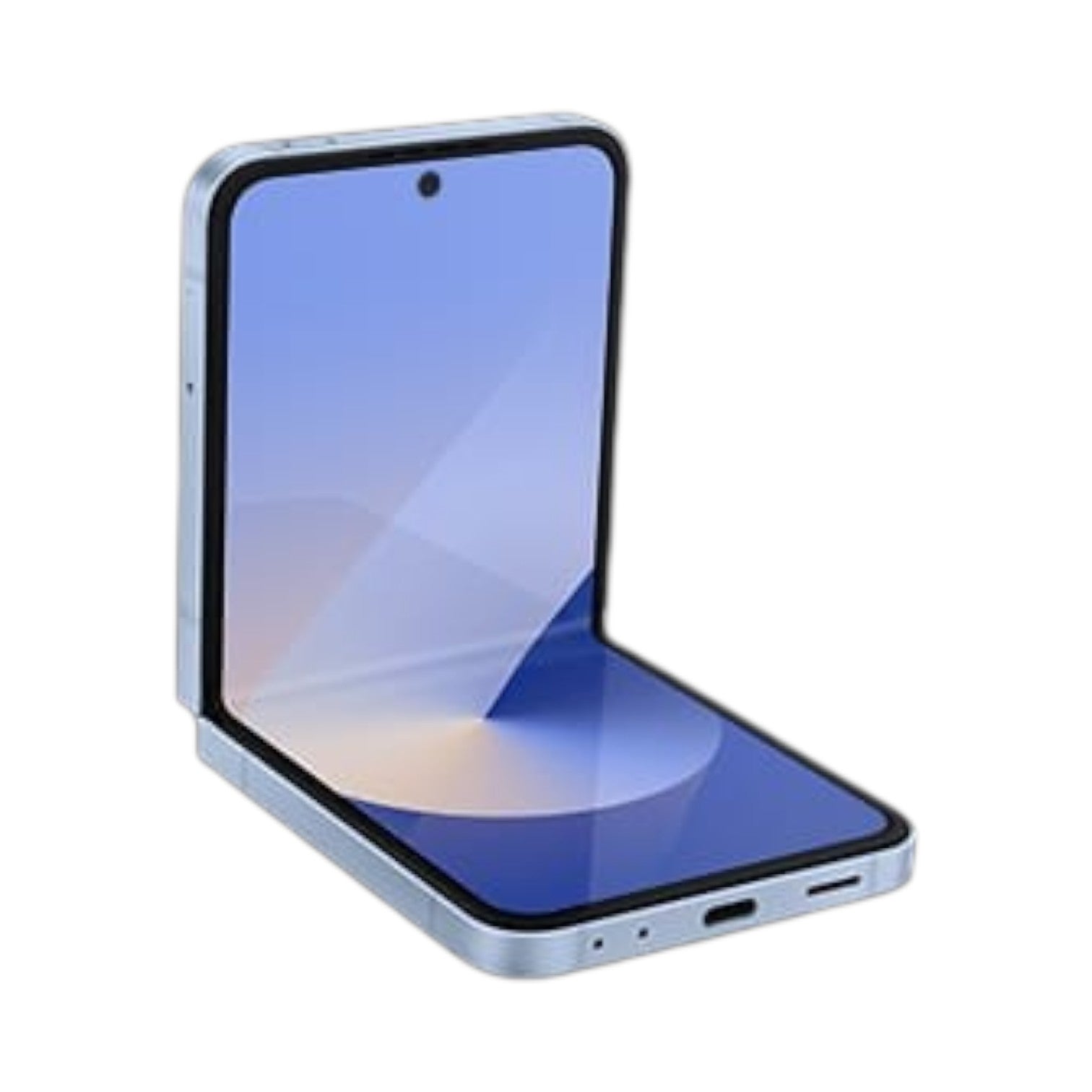 OBtech Samsung Galaxy Z Flip6 foldable smartphone in light blue, partially open to show the internal display.