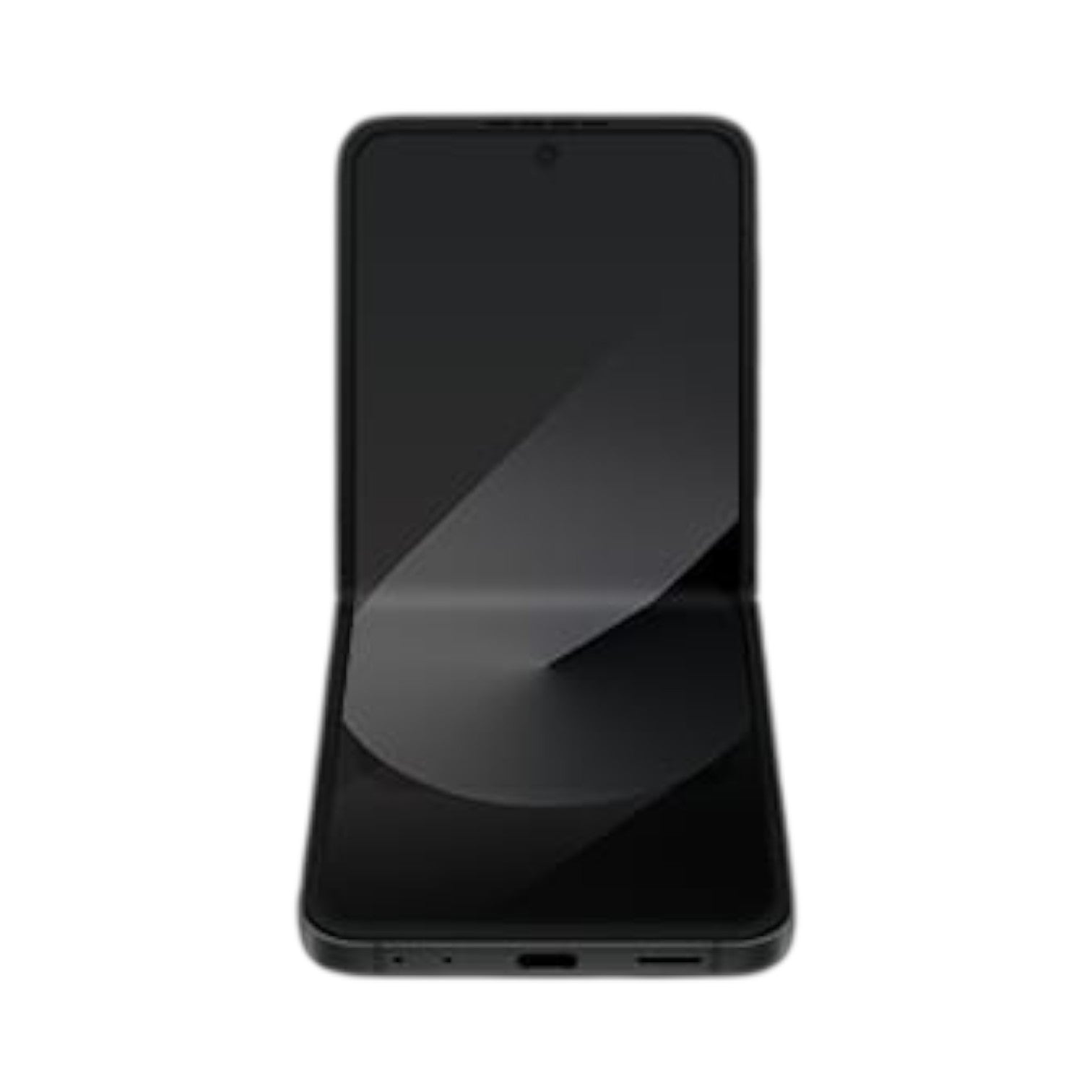 OBtech Samsung Galaxy Z Flip6 foldable smartphone in black, shown partially open with its vibrant main display.