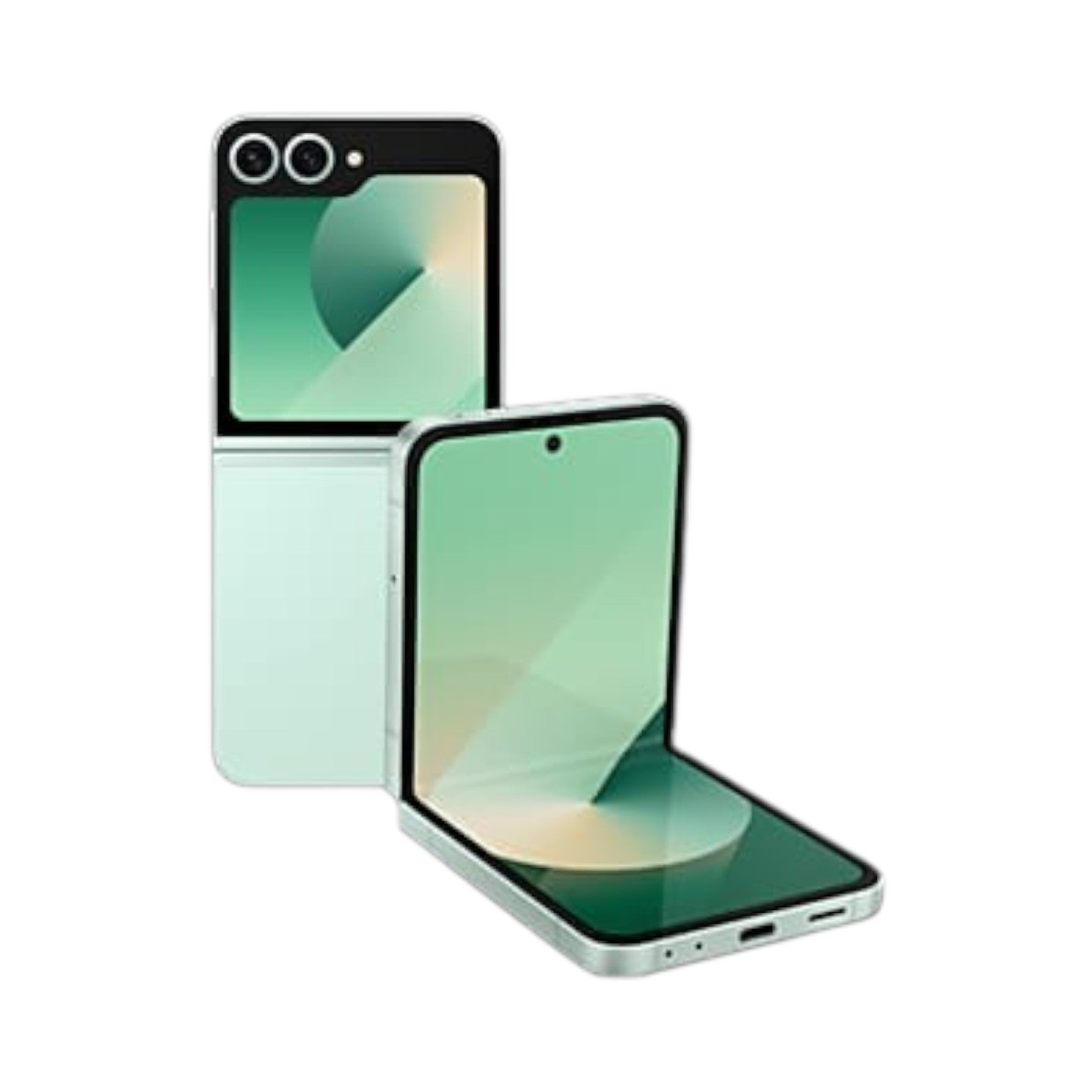 OBtech Samsung Galaxy Z Flip6 foldable smartphone in mint green, showing both folded and partially open views.