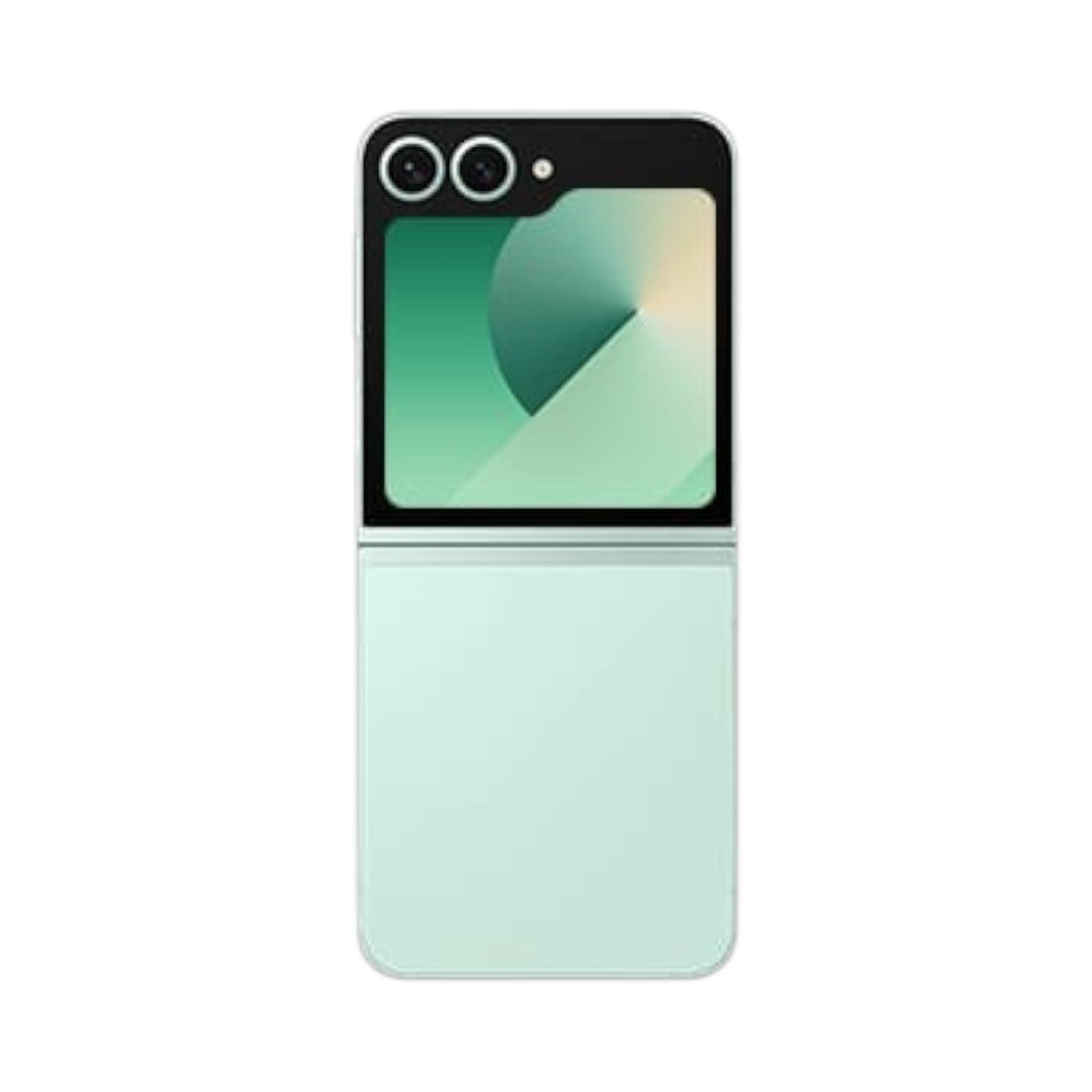 OBtech Samsung Galaxy Z Flip6 in mint green, showing the closed foldable design with the 3.4-inch FlexWindow display.