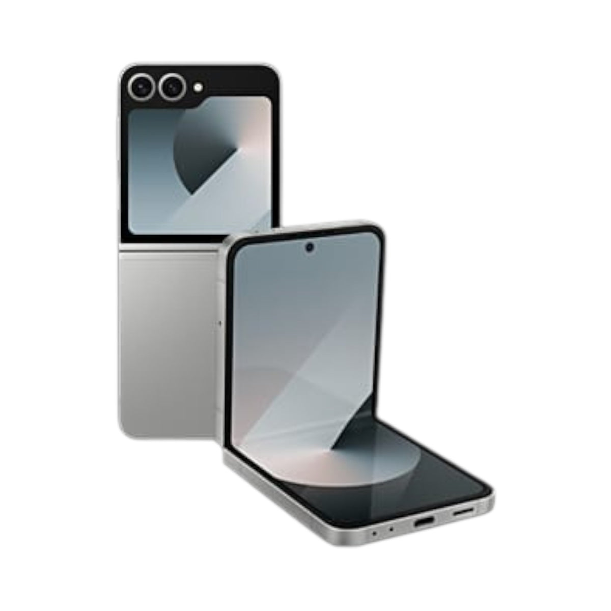 OBtech Samsung Galaxy Z Flip6 foldable smartphone in silver, showing both closed and partially folded screen views.