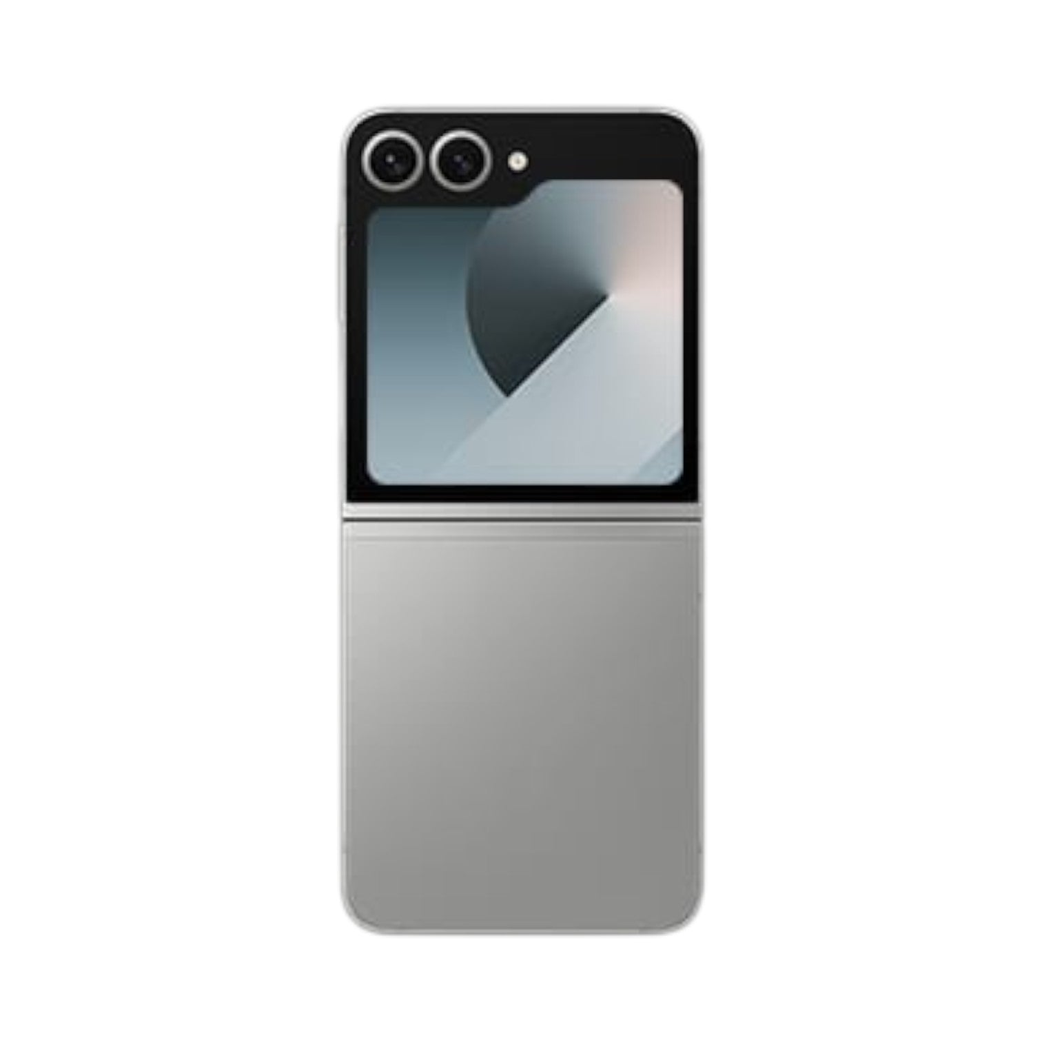 OBtech Samsung Galaxy Z Flip6 foldable smartphone in silver, showing the FlexWindow cover screen and dual cameras.