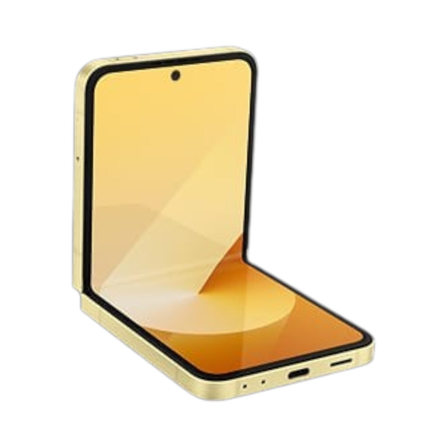 OBtech Samsung Galaxy Z Flip6 foldable smartphone in yellow, shown partially open with a vibrant display.