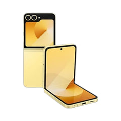 OBtech Samsung Galaxy Z Flip6 foldable smartphone in yellow, showing both folded and partially open display angles.