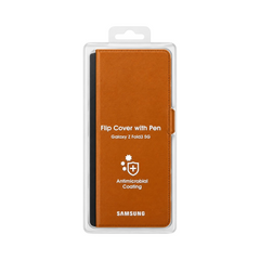 OBtech official brown leather flip cover with S Pen slot for Samsung Galaxy Z Fold 3 5G in retail packaging