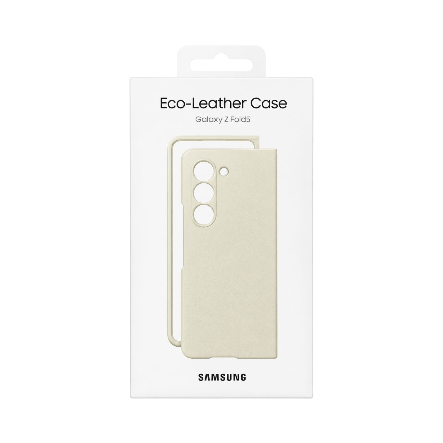 OBtech Samsung Galaxy Z Fold 5 eco-leather case in cream, shown in original retail packaging.