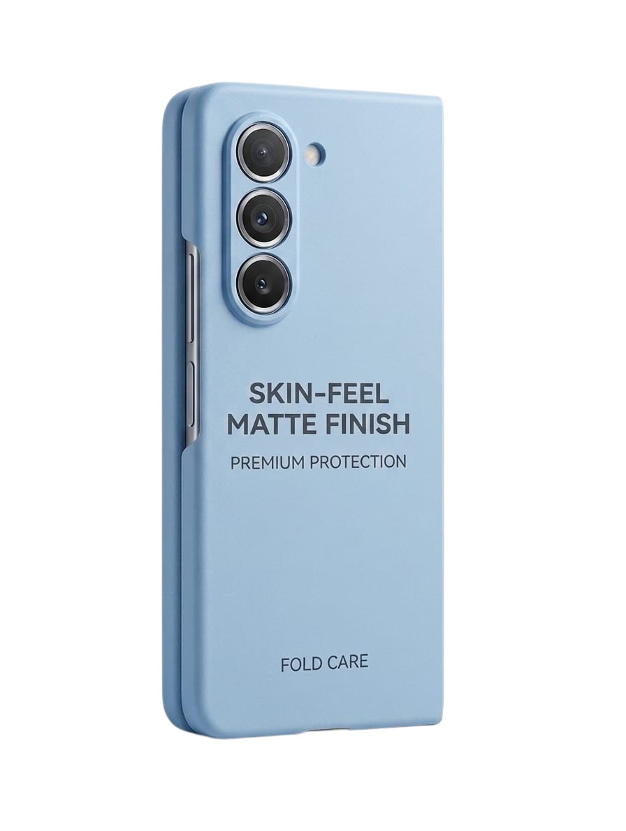 OBtech light blue matte protective case for Samsung Galaxy Z Fold 5 with a smooth skin-feel finish.