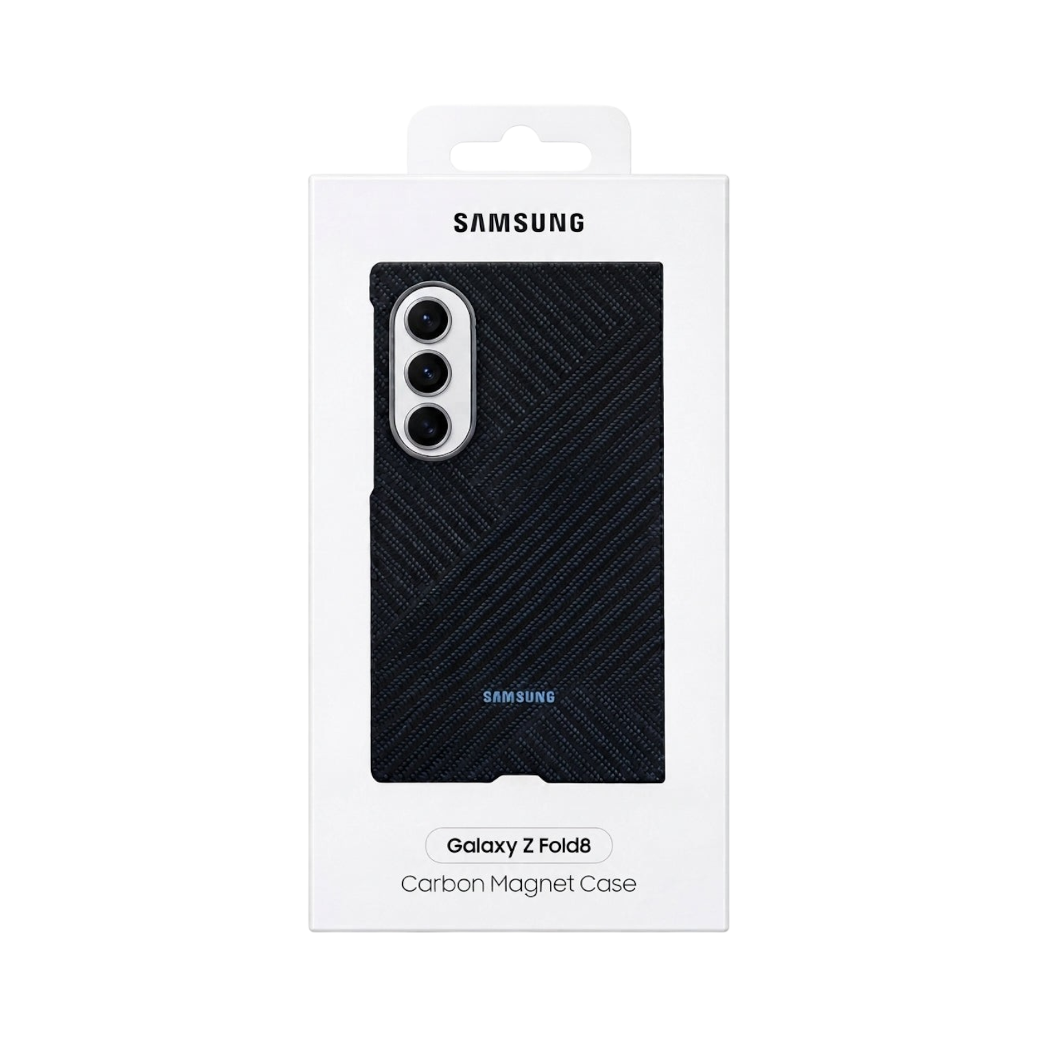 OBtech Samsung Galaxy Z Fold 8 magnetic protective case in dark blue with a carbon fiber texture in retail packaging.