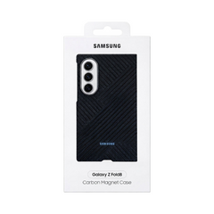 OBtech Samsung Galaxy Z Fold 8 magnetic protective case in dark blue with a carbon fiber texture in retail packaging.