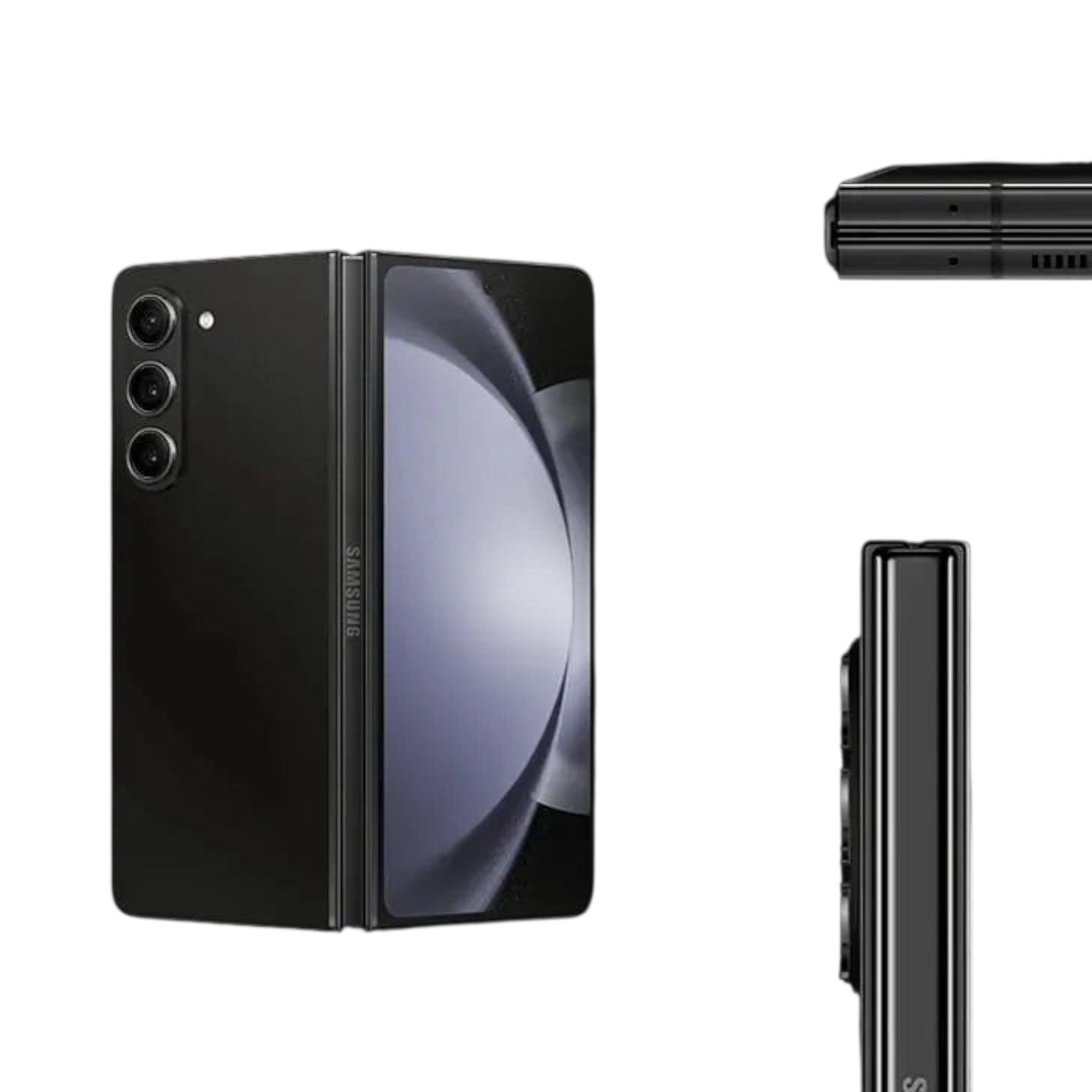 OBtech Samsung Galaxy Z Fold5 foldable smartphone shown from multiple angles, featuring a sleek black finish.