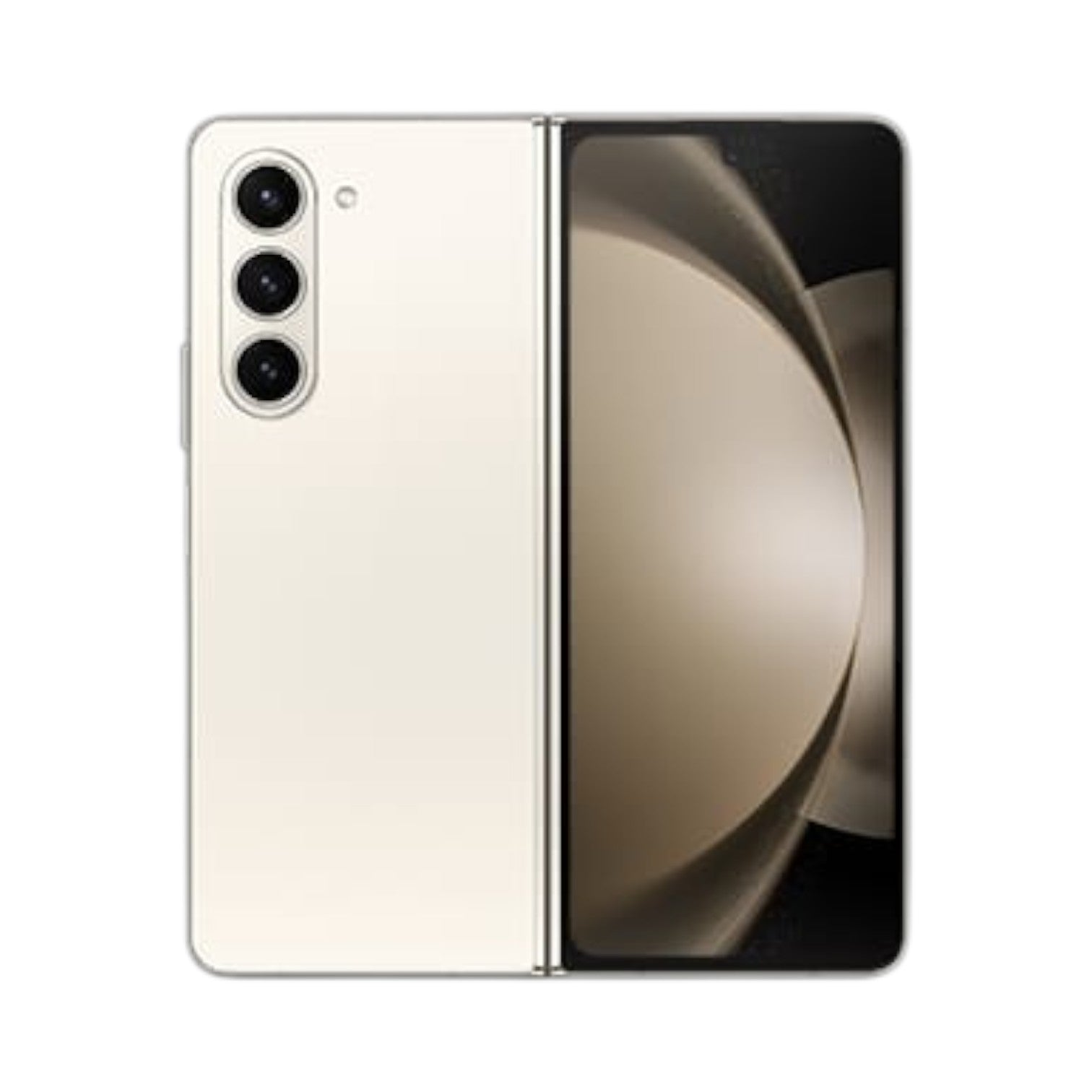 OBtech Samsung Galaxy Z Fold5 smartphone in cream, shown partially folded to display the cover screen and triple camera.