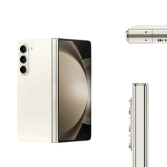 OBtech Samsung Galaxy Z Fold5 foldable smartphone in cream with triple camera system and sleek hinge design.