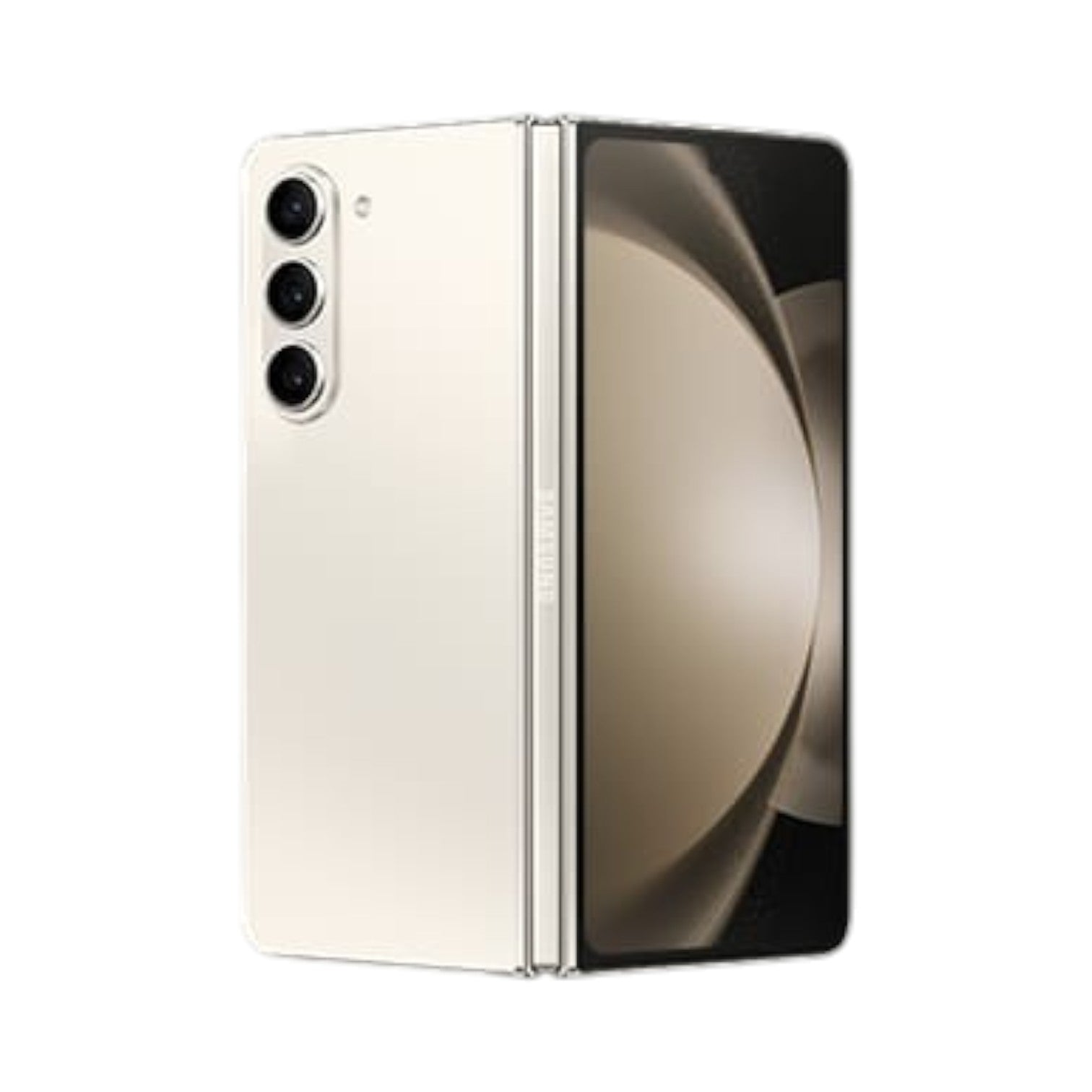OBtech Samsung Galaxy Z Fold5 in cream, shown folded to display the sleek triple camera system and cover screen.