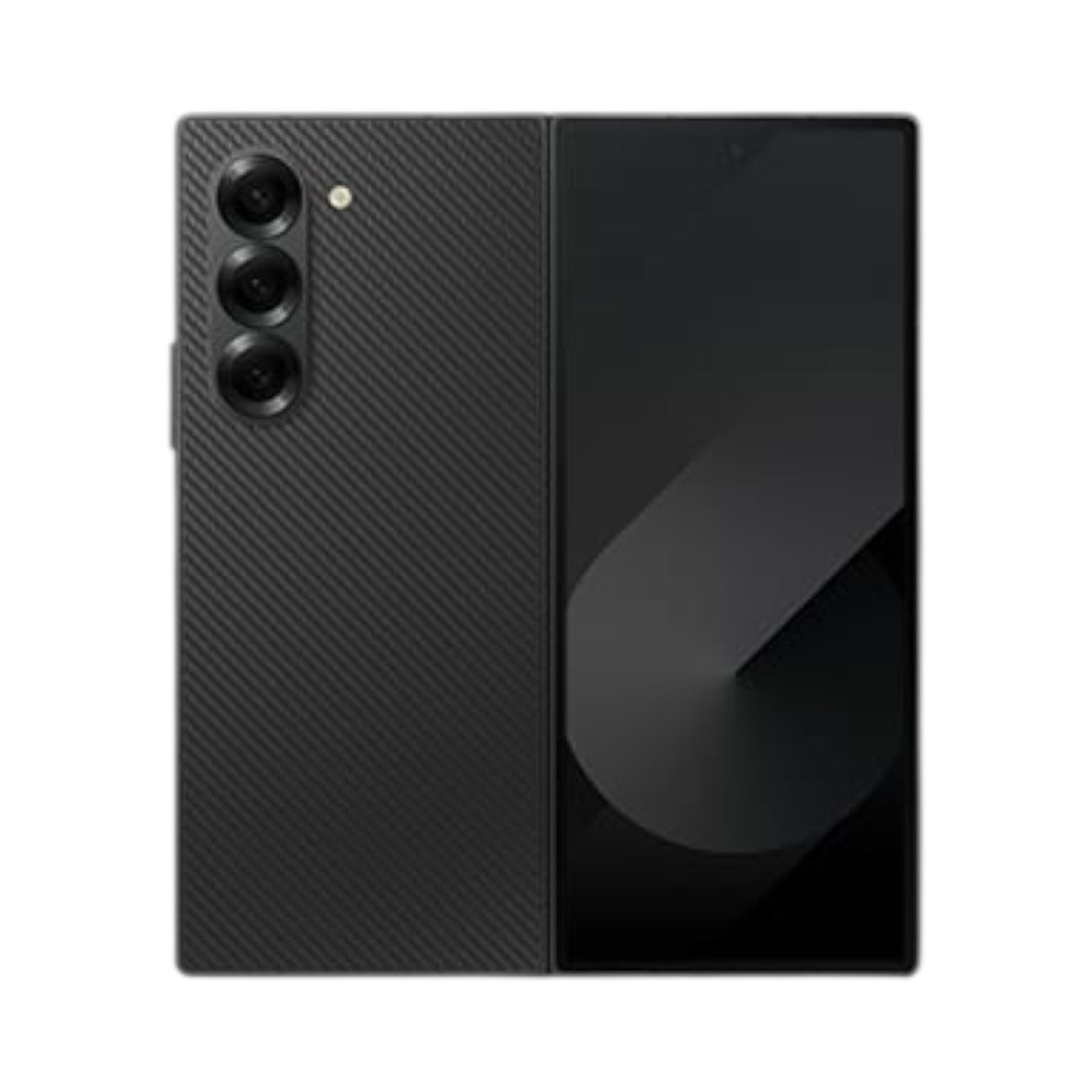OBtech Samsung Galaxy Z Fold6 foldable smartphone in black with a carbon fiber texture back and triple camera system.