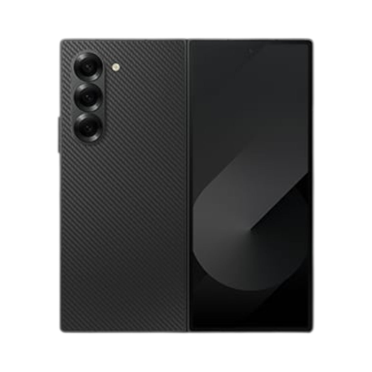 OBtech Samsung Galaxy Z Fold6 foldable smartphone in black with a carbon fiber texture back and triple camera system.