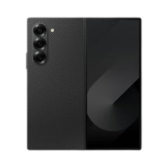 OBtech Samsung Galaxy Z Fold6 foldable smartphone in black with a carbon fiber texture back and triple camera system.