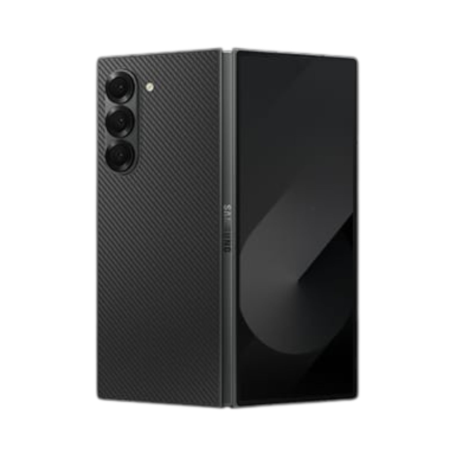 OBtech Samsung Galaxy Z Fold6 foldable smartphone in black with a textured carbon fiber back and triple camera system.