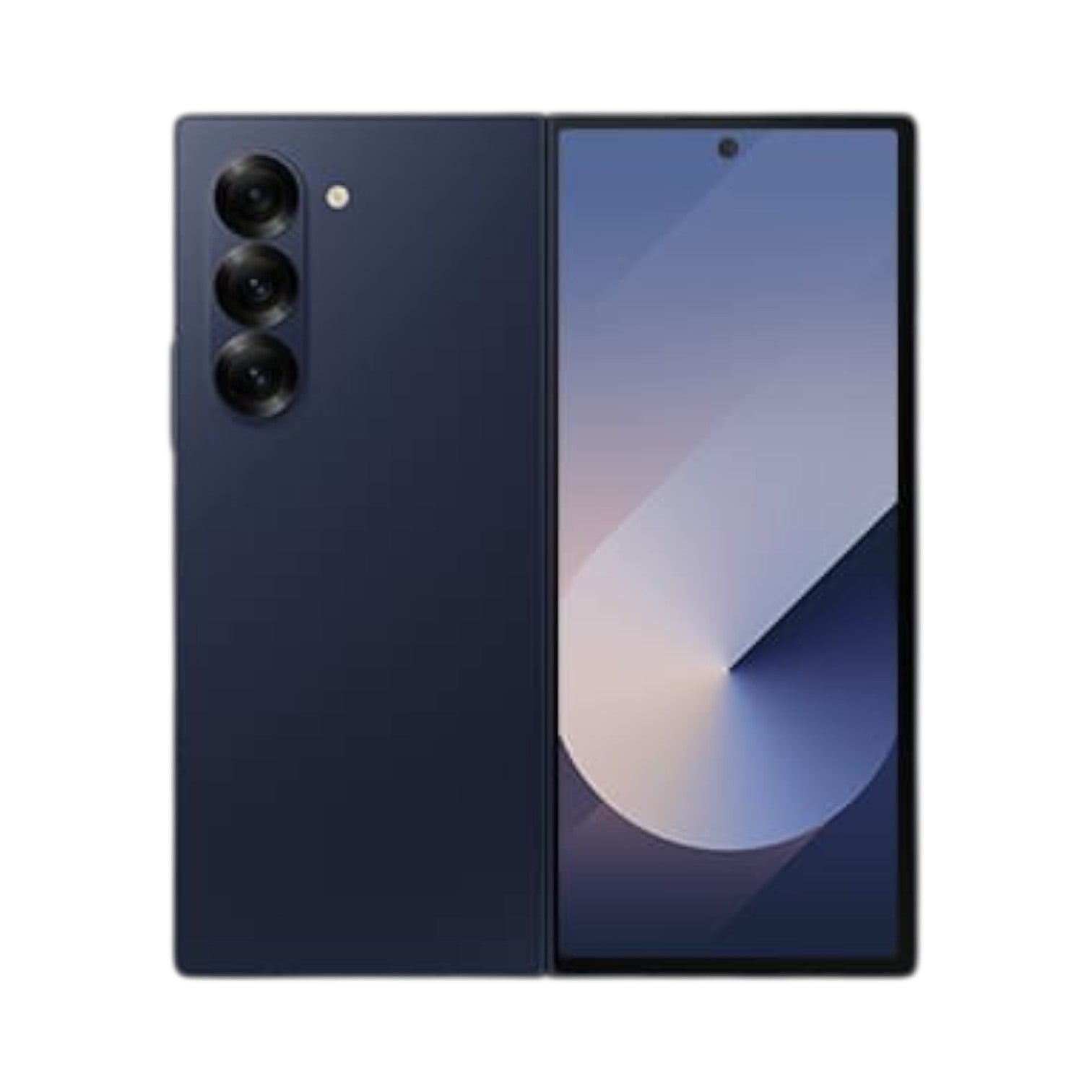 OBtech Samsung Galaxy Z Fold6 foldable smartphone in dark blue, showing the triple camera array and cover display.