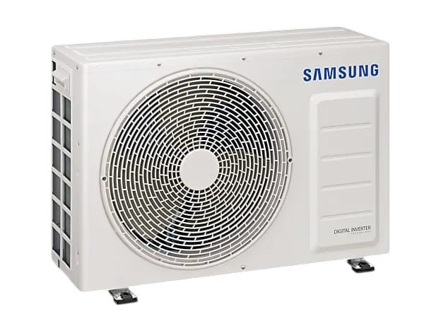OBtech Samsung 18,000 BTU digital inverter air conditioner outdoor unit in white with circular fan grille.