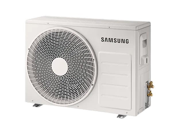 OBtech Samsung 22,000 BTU digital inverter air conditioner outdoor unit in white with a durable metal casing.